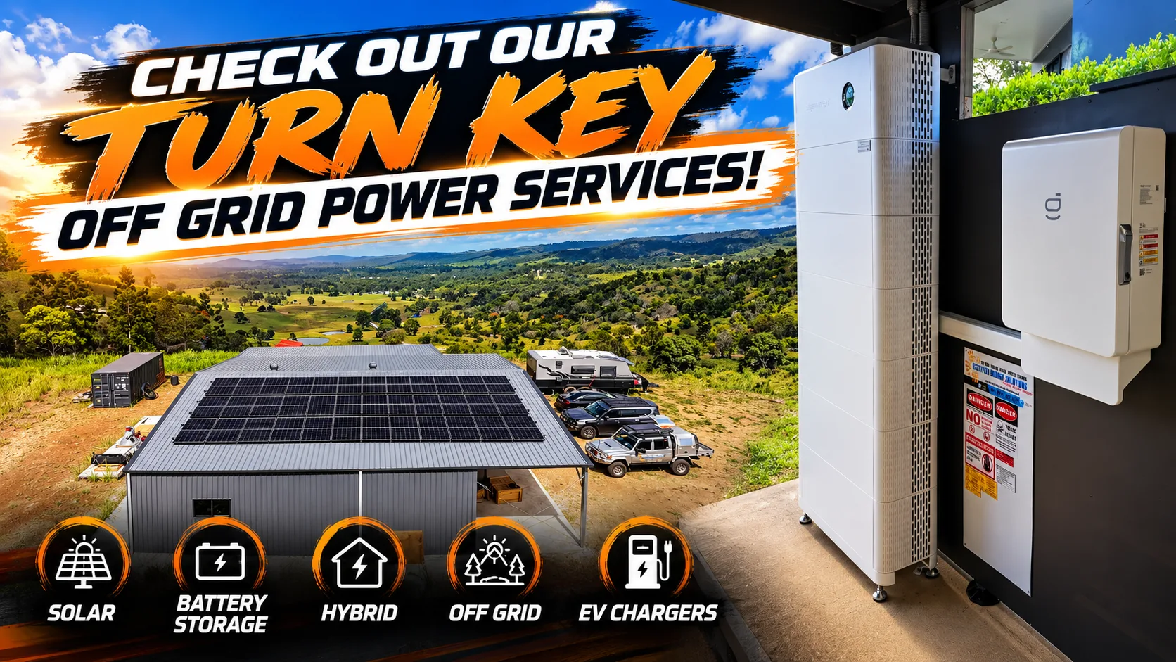 Check out our turn key off grid power services: solar, battery storage, hybrid, off grid and EV chargers