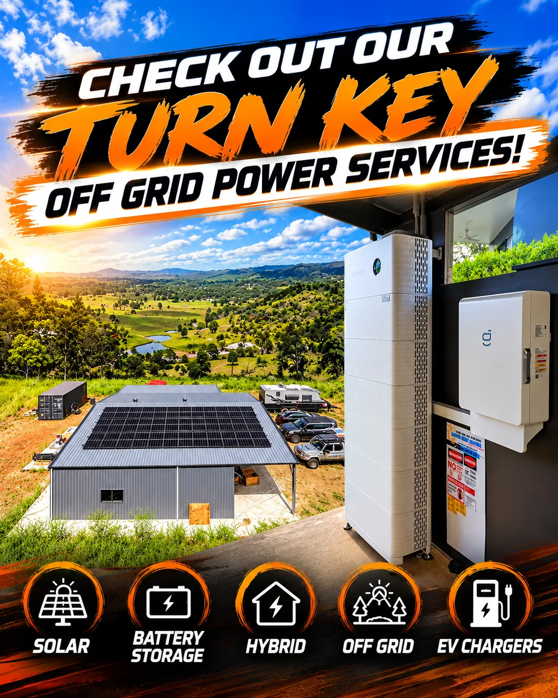Check out our turn key off grid power services: solar, battery storage, hybrid, off grid and EV chargers